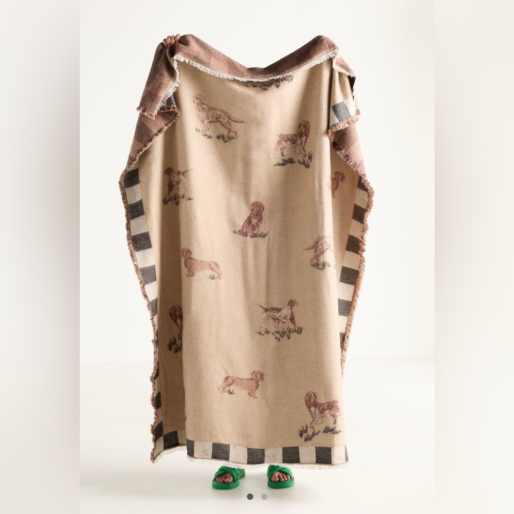 Anthropologie Beige & Brown Dog Print Throw Blanket